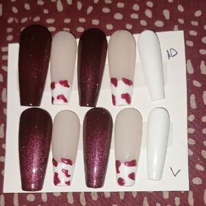 Hand Crafted Burgundy and White Nail Set